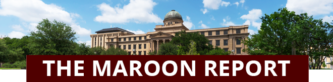 Image of Academic Building above the text "The Maroon Report"