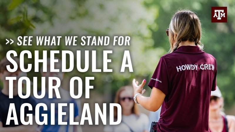 A tour group stands attentively before the 12th Man Statue in front of Kyle Field as a tour guide speaks to them. The text reads "See what we stand for, Schedule a tour of Aggieland."