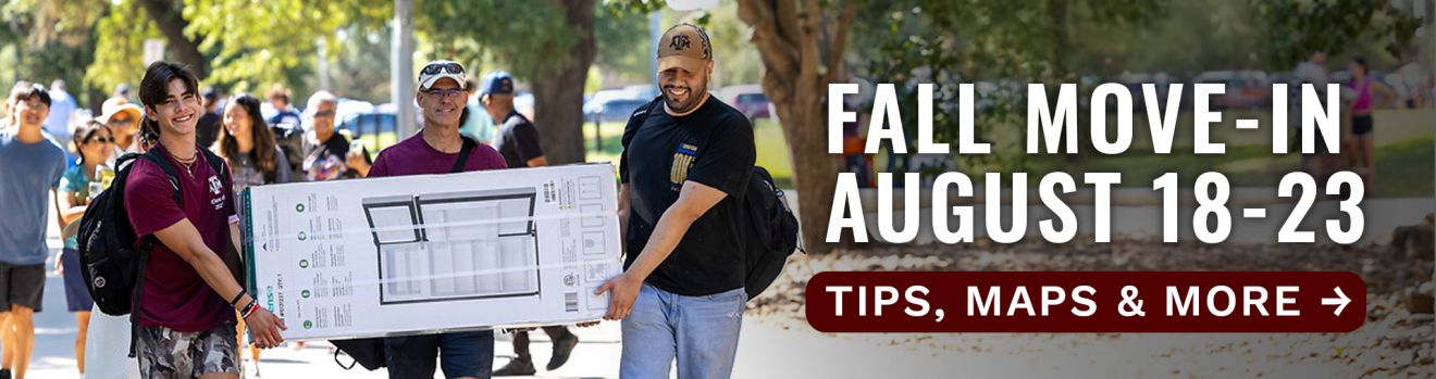 Three men carrying a refrigerator. Text reads "Fall Move-In, August 18-23. Tap here for tips, maps and more."