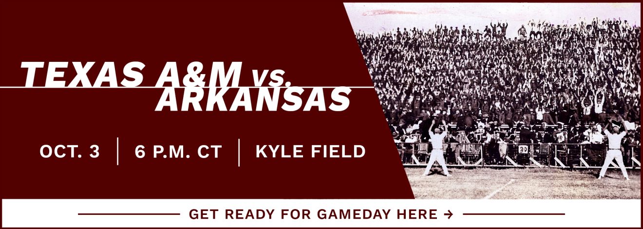 A black and white photo of Texas A&M Yell Leaders motivating the crowd. "Texas A&M vs. Arkansas. October 3, 6 p.m. CT at Kyle Field. Tap here to get ready for Gameday."