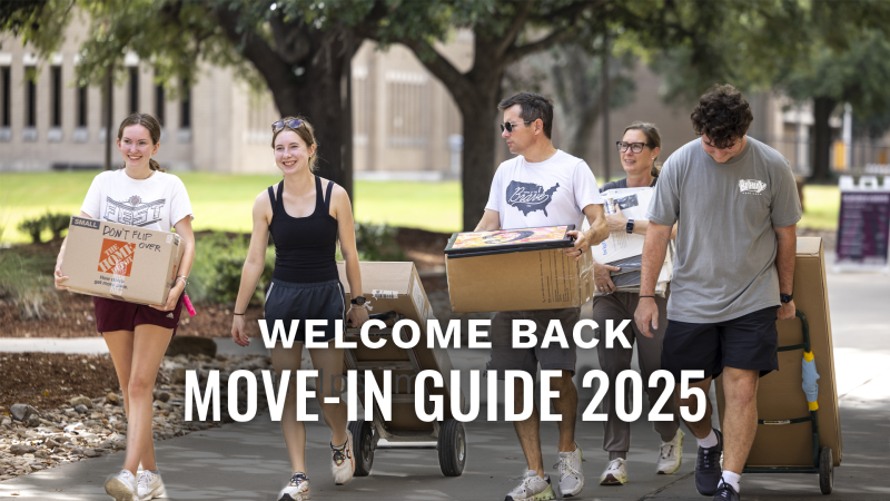 A family walking with moving boxes and dollies. Text reads "Welcome Back, Move-in Guide 2025"