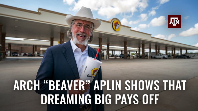 Arch Aplin standing in front of Buc-ee's gas station smiling and holding Buc-ee's cup. Text reads "Arch Beaver Aplin shows that dreaming big pays off."