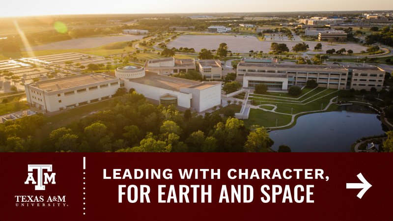 An aerial photo of The Bush School building at sunset. A maroon banner at the bottom displays the Texas A&M logo and the text "Leading With Character, For Earth and Space" next to a white arrow pointing right.