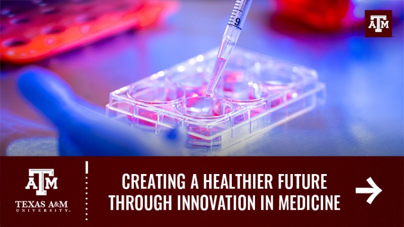 A syringe depositing liquid into a container. Text reads "Creating a healthier future through innovation in medicine".