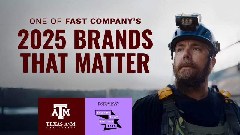 A man in a hardhat and overalls looking ahead. Text reads "One of Fast Company's 2025 Brands that Matter"
