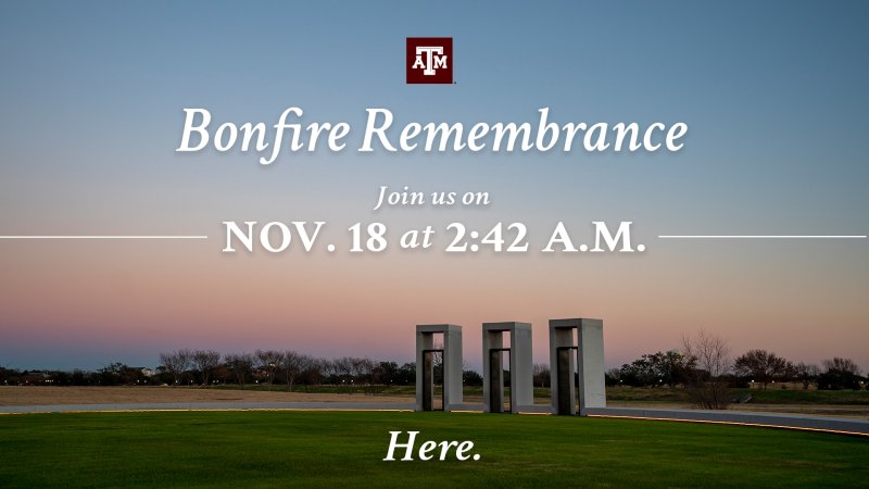 Three stone gateways at the Bonfire Memorial in front of a sunset. Text reads Bonfire Remembrance. Join us on November 18 at 2:42 a.m.. Here.