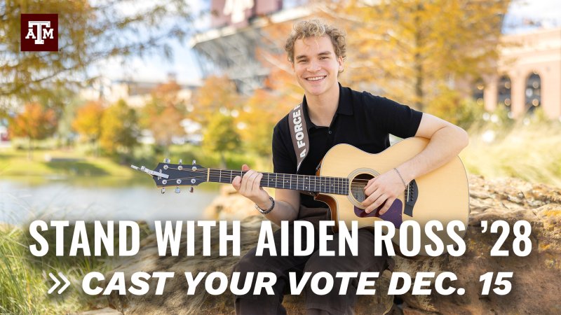 Aiden Ross smiling and holding his guitar as he looks at the viewer. Text reads "Stand with Aiden Ross '28, cast your December 15."
