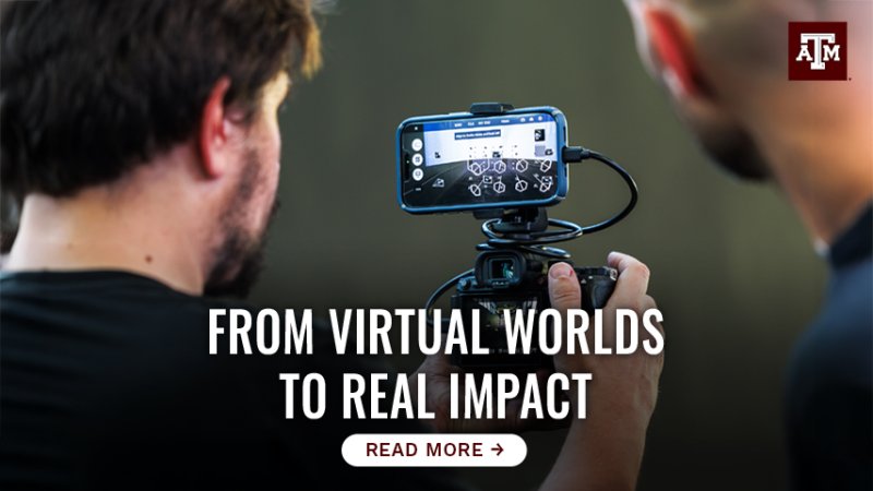 Two men looking at a phone screen displaying visual information. "From virtual worlds to real impact. Tap here to read more."