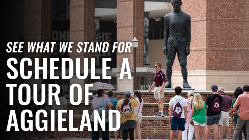 A tour group stands attentively before the 12th Man Statue in front of Kyle Field as a tour guide speaks to them. The text reads "See what we stand for, Schedule a tour of Aggieland."