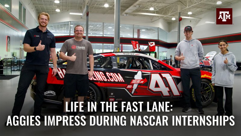 Four individuals standing in front of a race car giving Gig Em thumbs ups. Text reads Life in the fast lane: Aggies impress during Nascar internships