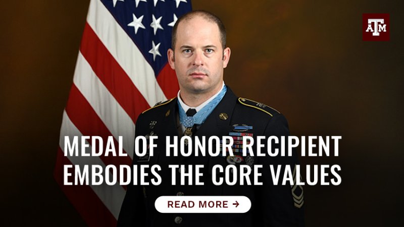 A man in a military dress uniform stands in front of a flag. "Medal of Honor Recipient embodies the core values. Tap here to read more."