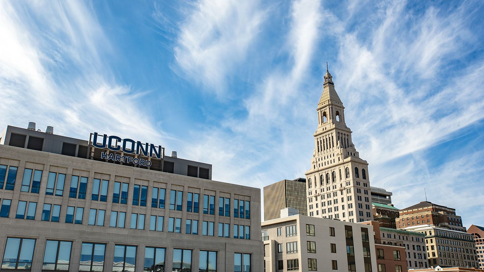 UConn Hartford Sign on top of the Hartford Times Building
