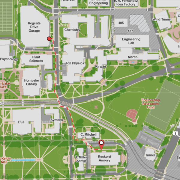 Map of the route from Regents Drive Garage to Reckord Armory.