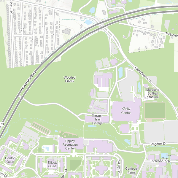 Map of the area around the Xfinity Center, including the University Boulevard and Paint Branch Drive and Terrapin Trail Garage entrances.