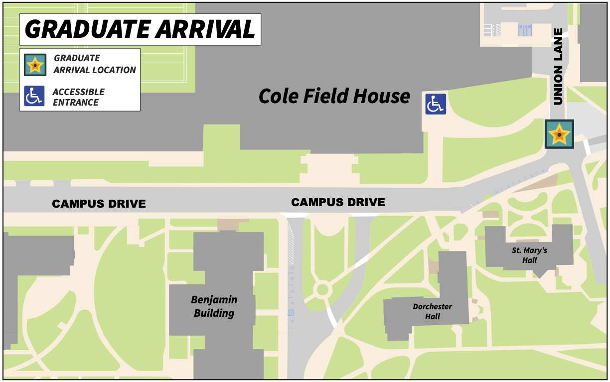 Graduates should arrive at Cole Field House historic entrance (at the intersection of Campus Drive and Union Lane).