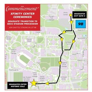 Map of Graduate path from XFINITY Center to Main Ceremony.