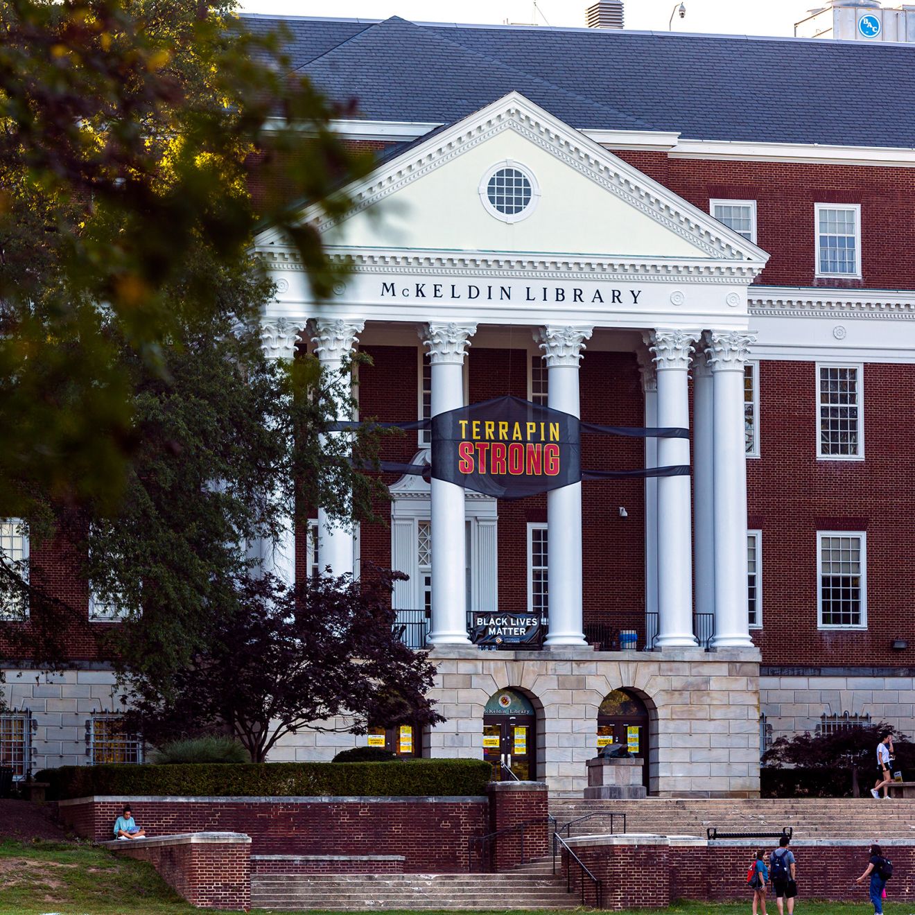 UMD's McKeldin Library with a hanging banner displaying Terrapin Strong.
