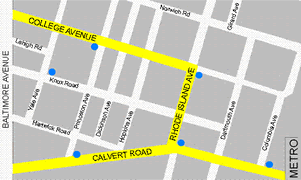 Map showing Calvert Road, Rhode Island Avenue and College Avenue as the preferred path of travel when walking between the University of Maryland Campus and the College Park Metro Station.