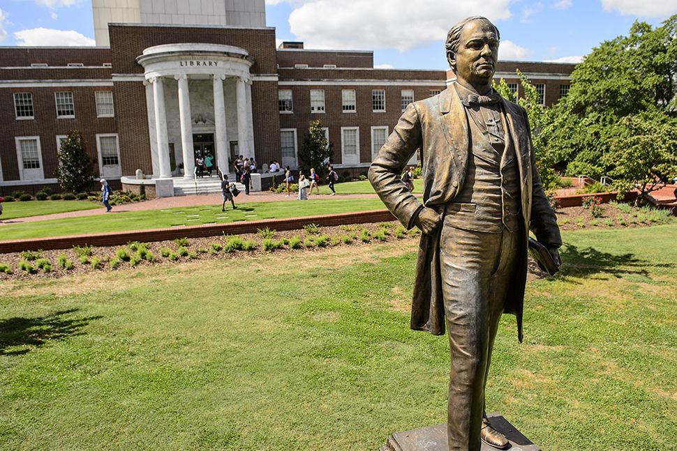 Eye level view of Charles Duncan McIver statue.
