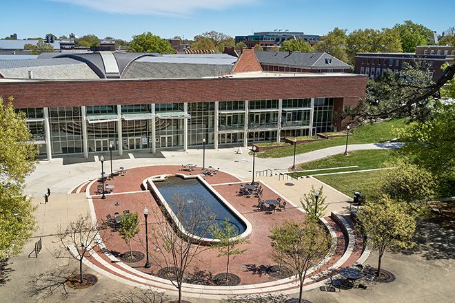 An aerial view of the Commons and the fountain meeting area.