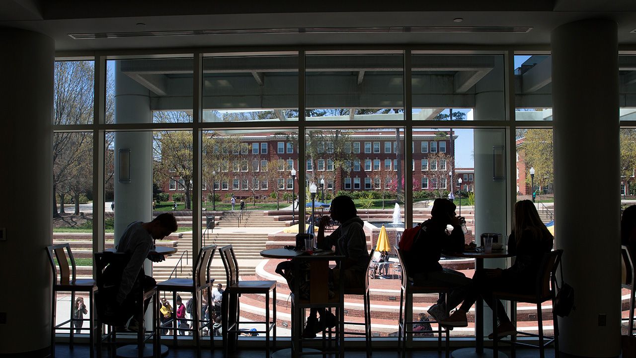 Overlooking the fountains at Moran Commons is the main Dining Hall at UNCG.
