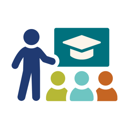 Icon of a person pointing to a screen in front of a group