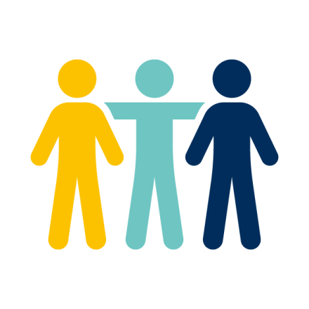 icon of three people standing side-by-side, person in center has hands out around the other two.