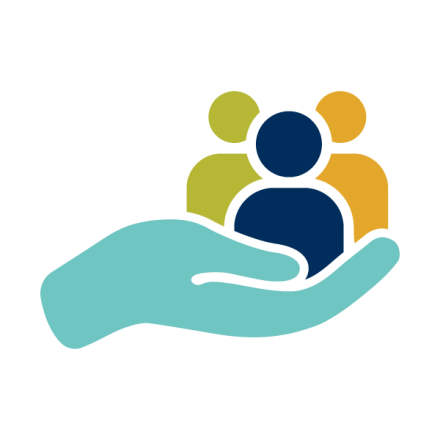 Link to Support and Success page represented by an icon of three people profiles inside an open hand 