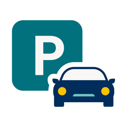 Icon of a car in front of a sign with the letter P on it