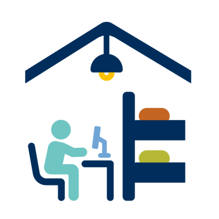 Icon of a person sitting at a desk in front of computer next to bunk beds