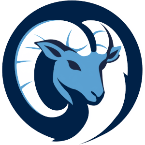 Logo featuring a stylized blue ram's head with curved horns inside a circular design.