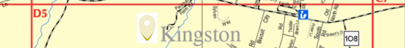 Map section showing Kingston, with roads, a location marker, and grid references. It includes labels for routes and features.