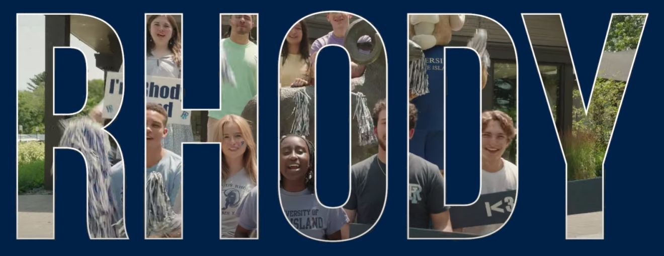 Large block letters spelling “RHODY” with photos of smiling, cheering students visible inside each letter on a dark blue background
