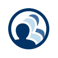 Icon of a person silhouette with three stylized waves or shapes behind them inside a blue circle