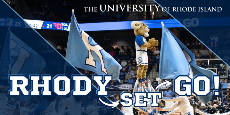 The University of Rhode Island basketball game scene with the Rhody Ram mascot raised above cheerleaders holding large blue URI flags and the text &ldquo;RHODY SET GO!&rdquo; across the bottom.
