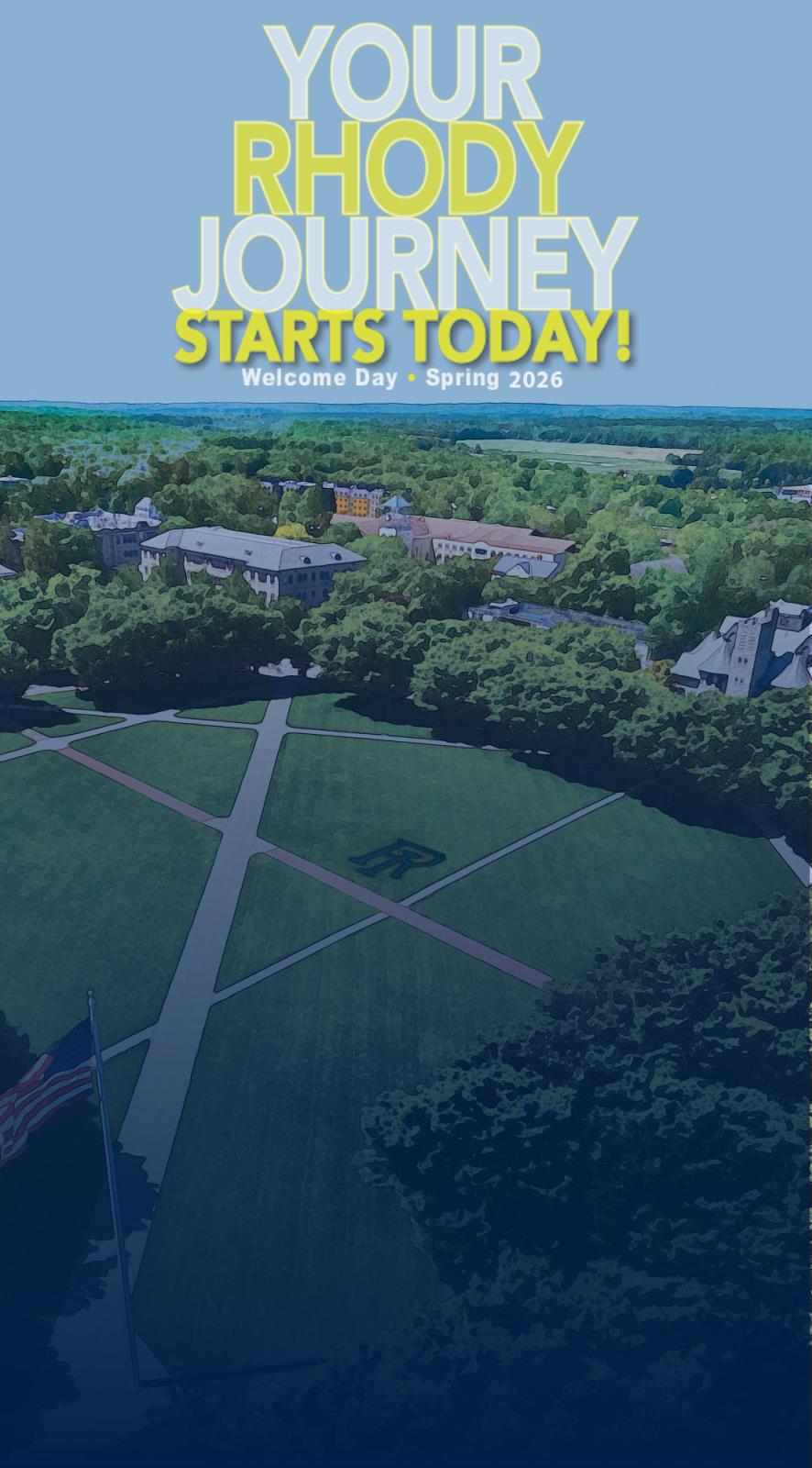 Aerial illustration of the University of Rhode Island campus with the words Your Rhody Journey Starts Today! overlaid