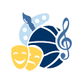 Icon representing diversions, with theater masks, a paint palette, a basketball, and a musical treble clef