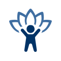 Icon of a person with arms raised in front of a stylized lotus flower