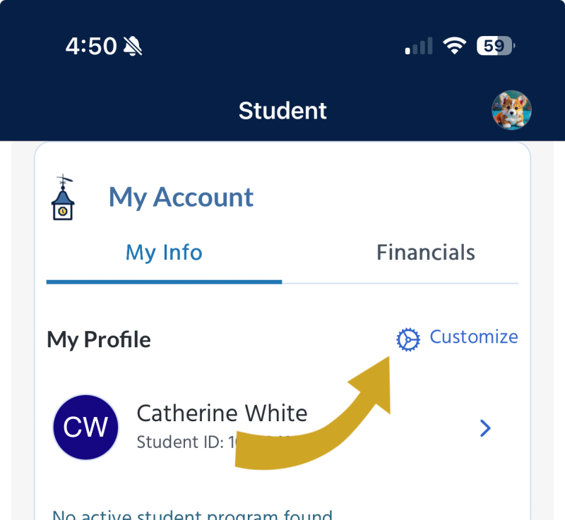 Choose which info displays under My Account Tap Customize to select which data displays