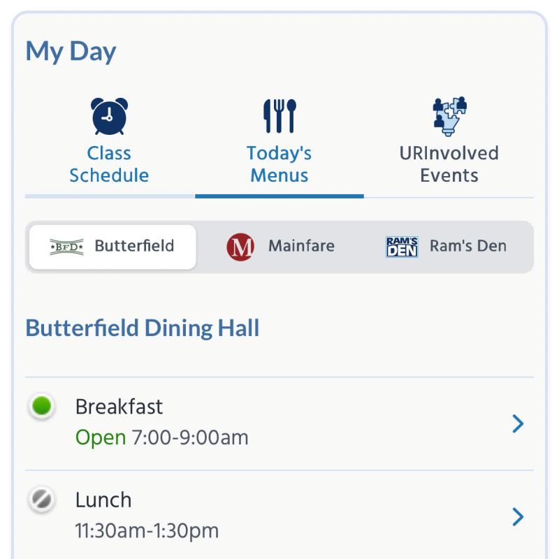 Screenshot of the My Day section of the Rhody Connect homepage, including a class schedule, dining menus and URInvolved events.