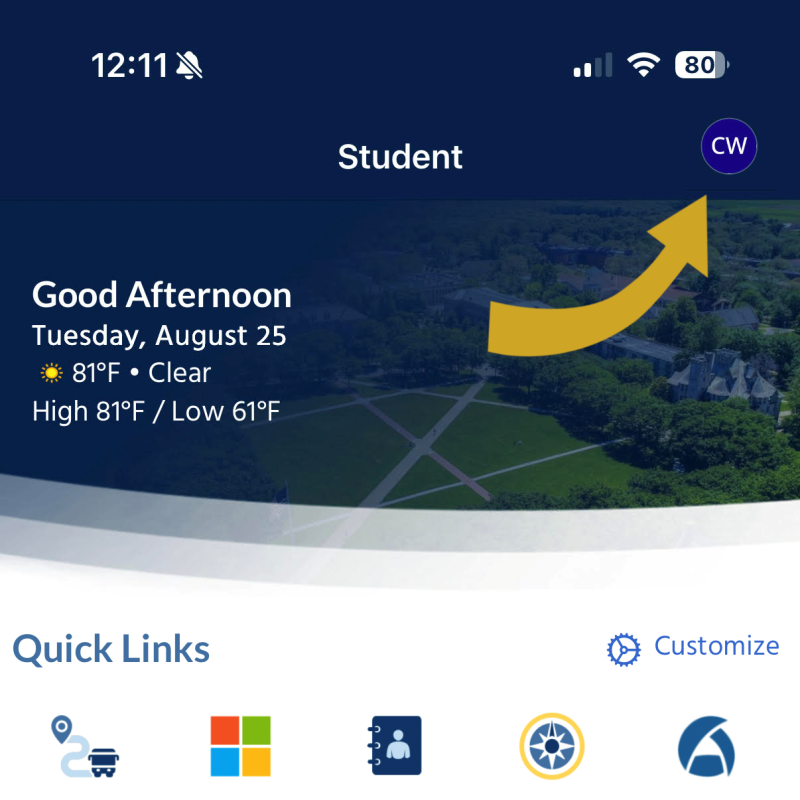 Screenshot of the Rhody Connect homepage, with a large gold arrow pointing to the user icon at the top of the iPhone screen.