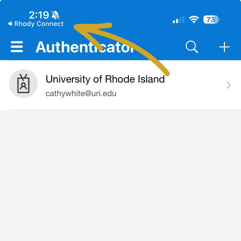 Screenshot of the Microsoft Authenticator app displaying a University of Rhode Island account, with a large gold arrow pointing to the notification area at the top of the iPhone screen.