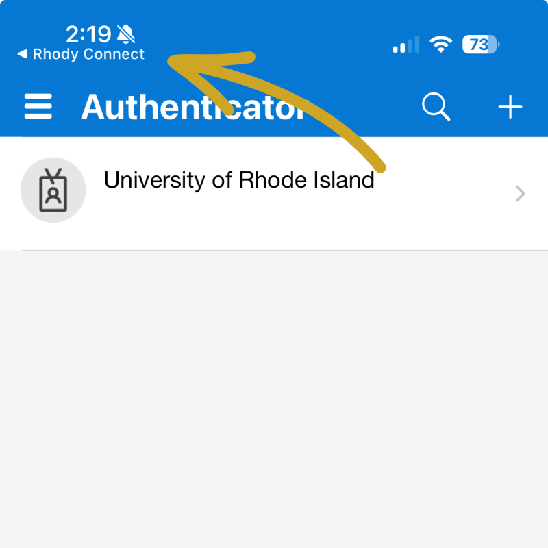 Screenshot of the Microsoft Authenticator app displaying a University of Rhode Island account, with a large gold arrow pointing to the notification area at the top of the iPhone screen.