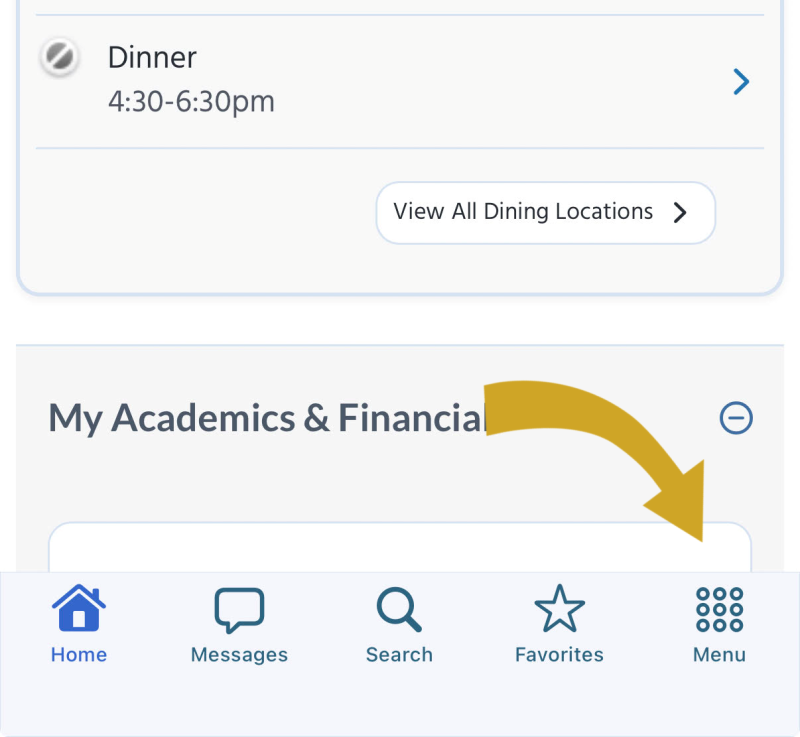 Screenshot of the Rhody Connect homepage, with a large gold arrow pointing to the Menu icon at the lower right of the page.