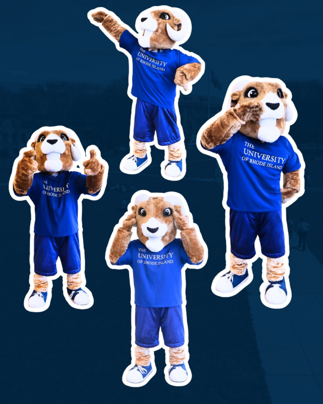 Graphic #2 featuring four sticker-style images of Rhody the Ram on a dark blue background