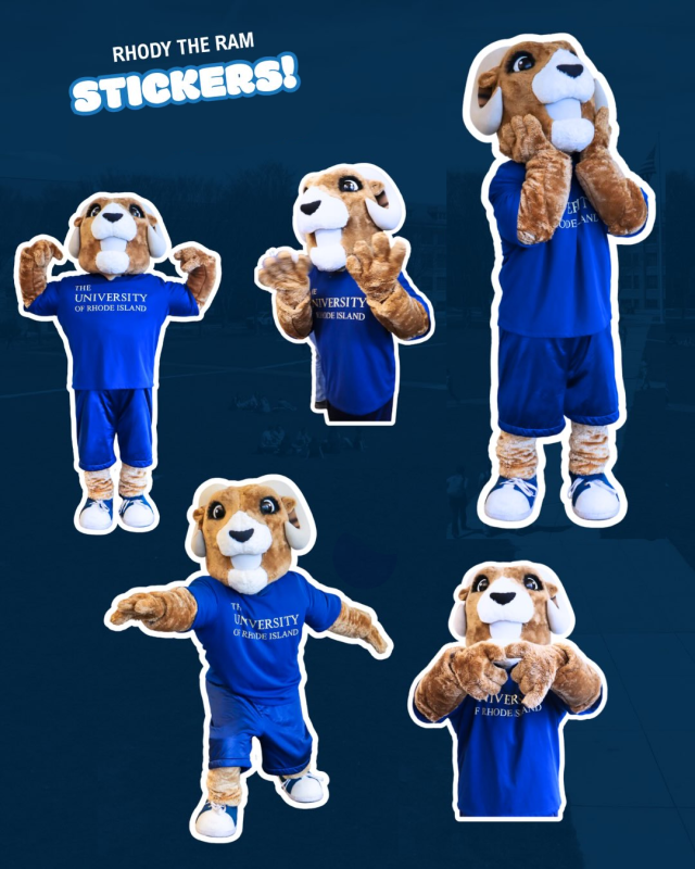 Graphic #1 featuring five sticker-style images of Rhody the Ram on a dark blue background
