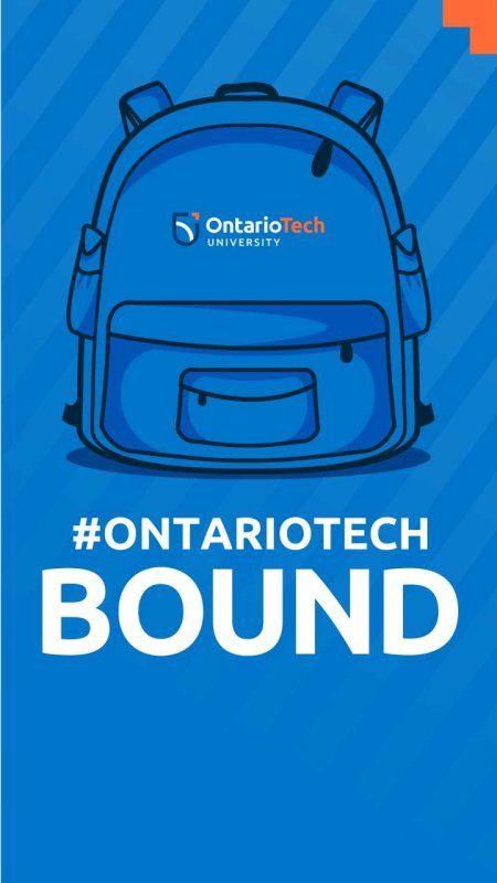 blue backpack that with the Ontario Tech logo. Beneath it it says #OntarioTechBound