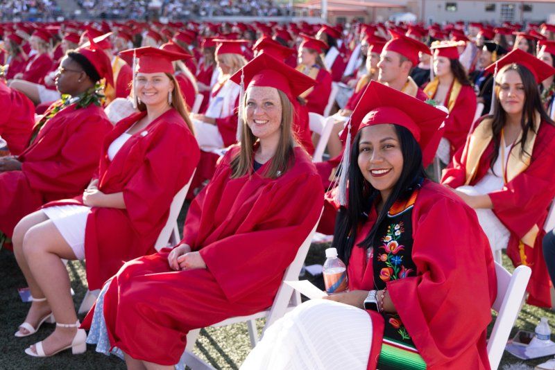 Photograph of students sitting in rows at graduation
