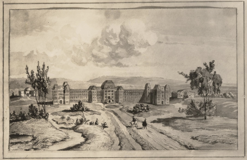 Grayscale watercolor of the Main Building, Observatory and Riding School of Vassar College with paths, trees, shrubs and people. Some people are on horseback.