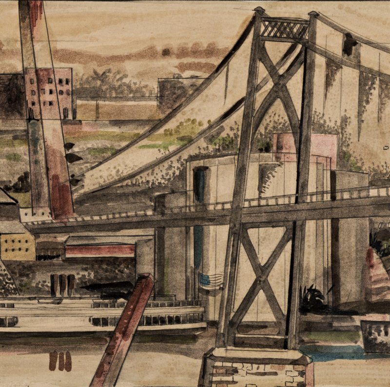 Watercolor sketch of Poughkeepsie waterfront with Mid-Hudson bridge towering over